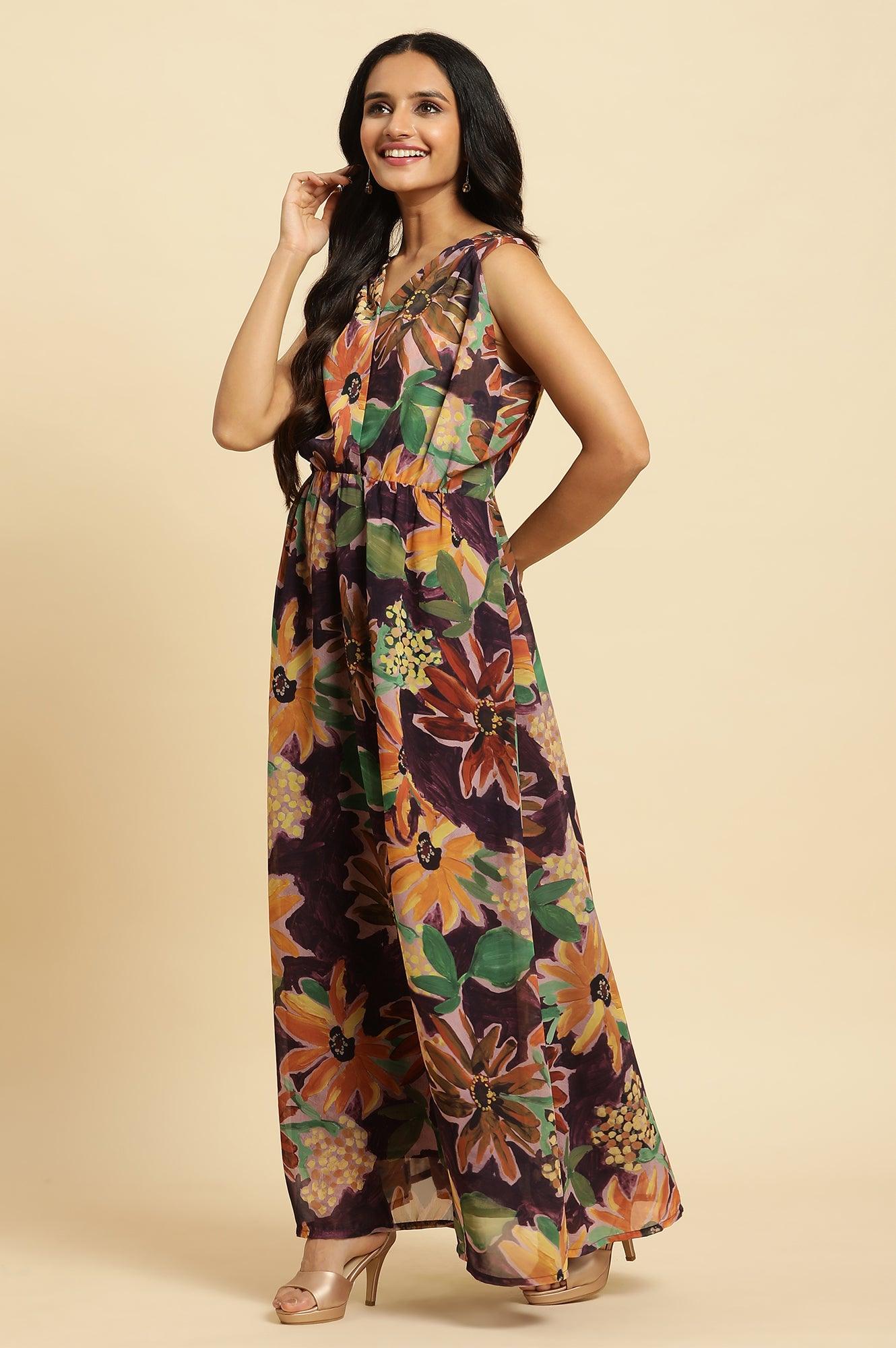 Dark Purple Floral Printed Vacay Dress - wforwoman