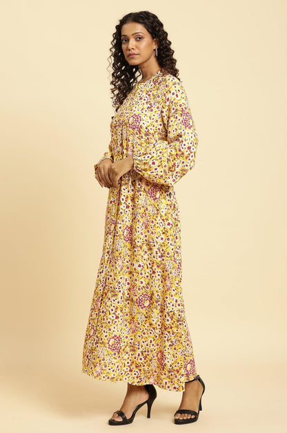 Yellow Floral Printed Flared Western Dress - wforwoman