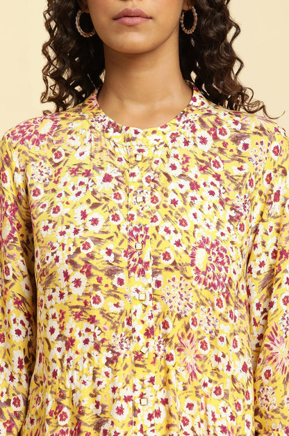 Yellow Floral Printed Flared Western Dress - wforwoman