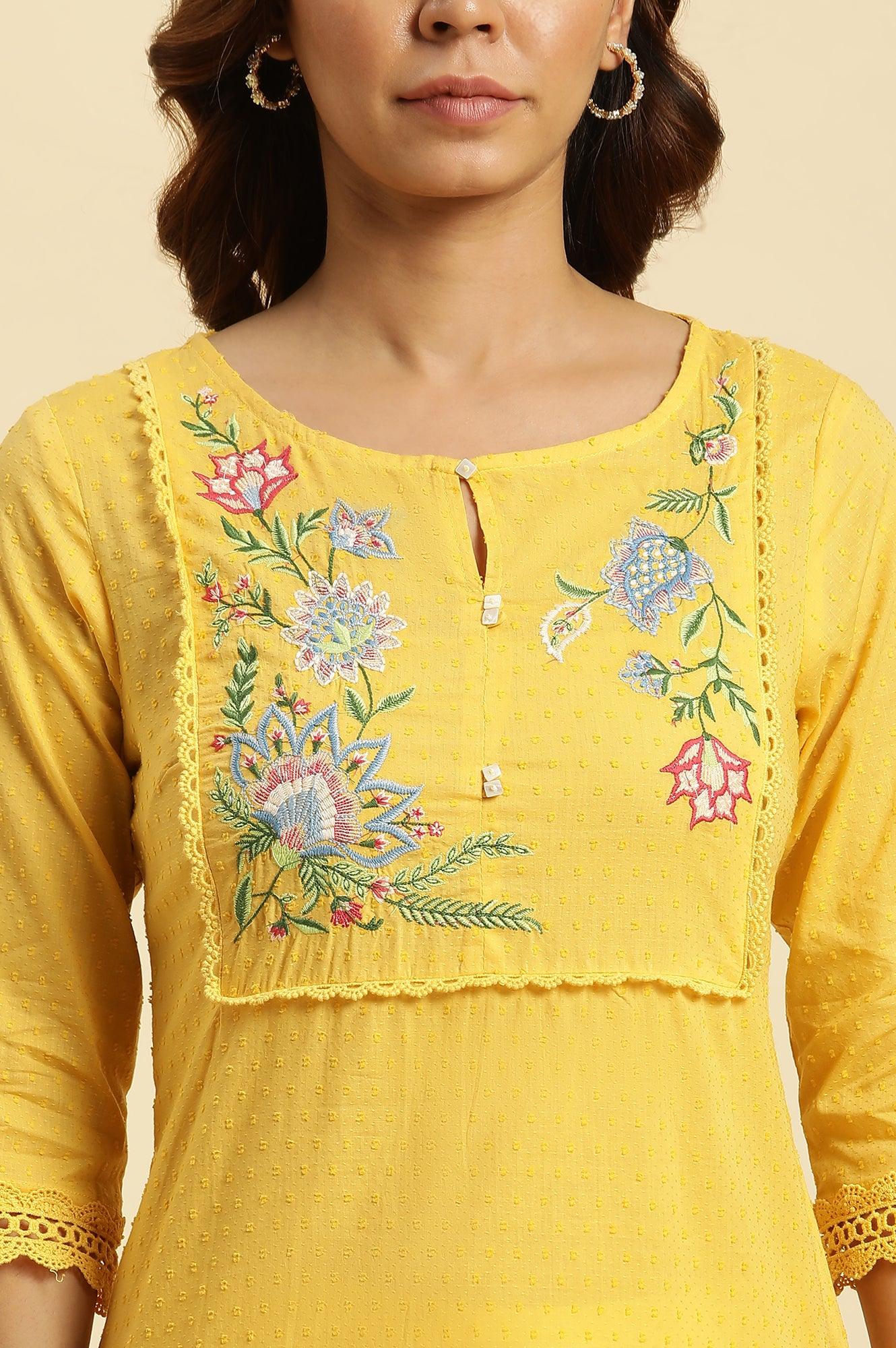 Yellow Cotton Swiss Dot Embroidered Kurta - wforwoman