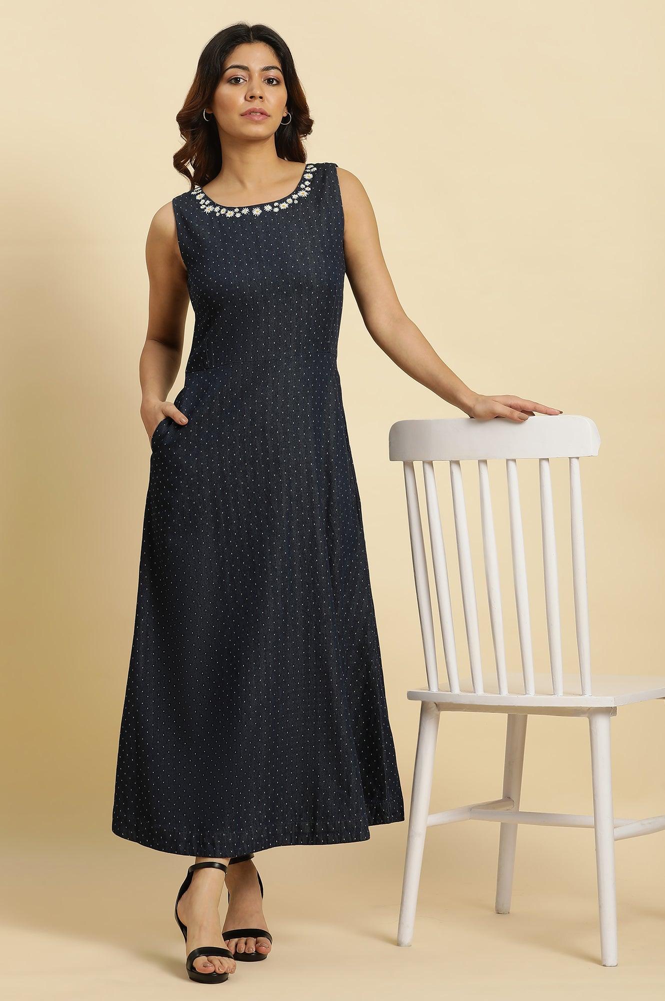 Blue Cotton Sleeveless Embroidered Western Dress - wforwoman