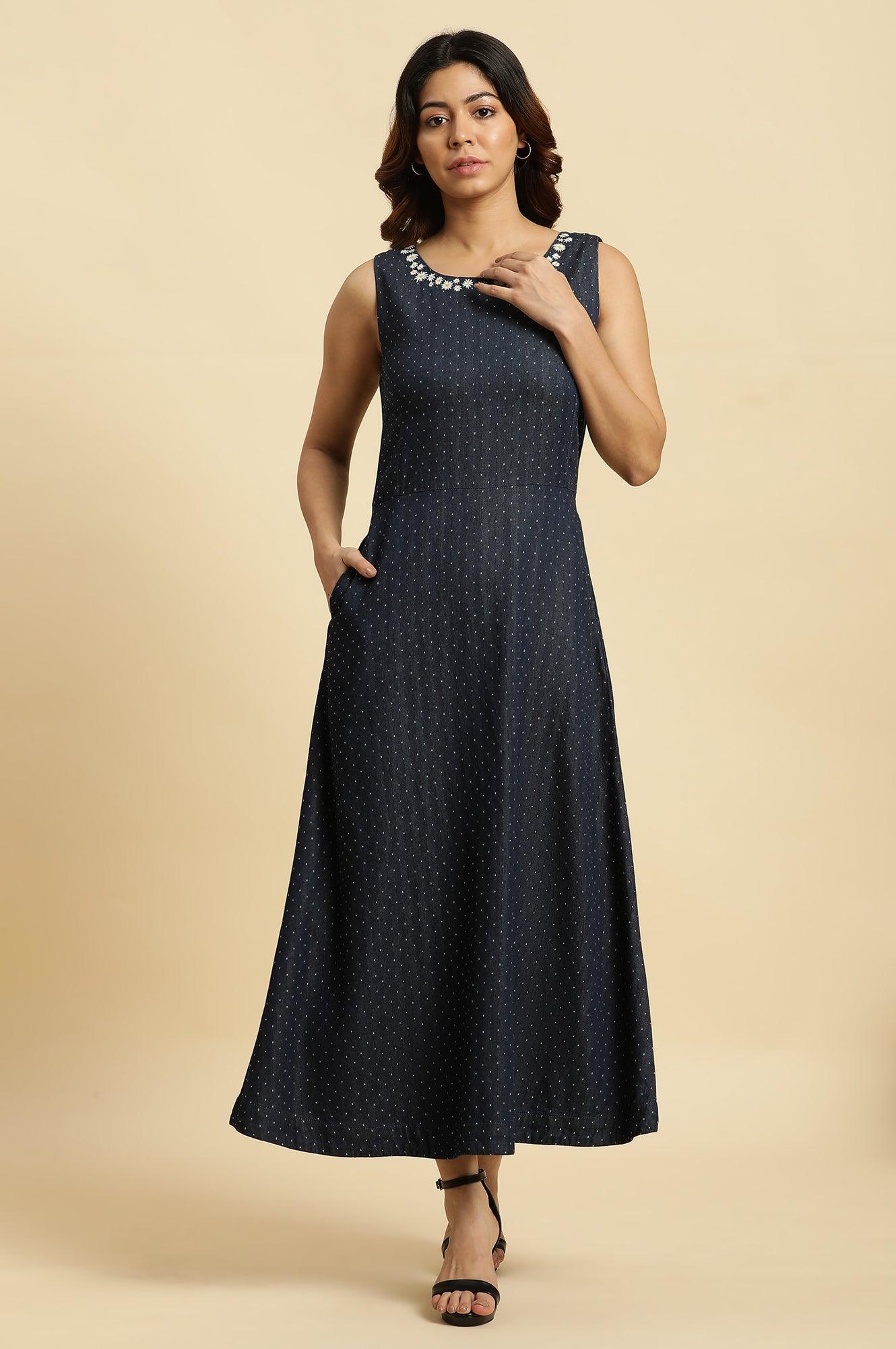 Buy Blue Cotton Sleeveless Embroidered Western Dress 2999 W
