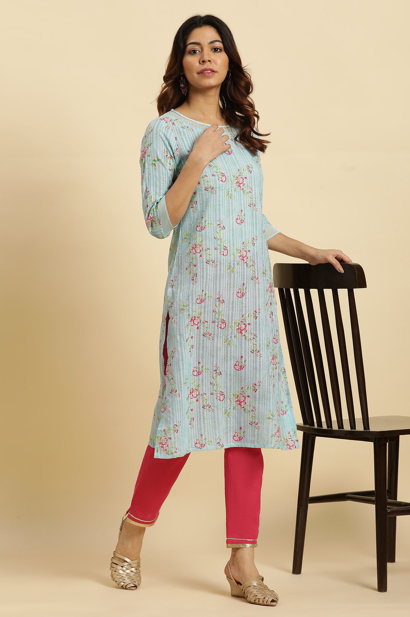 Blue Floral Printed Light Festive Kurta - wforwoman