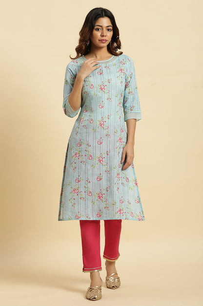 Blue Floral Printed Light Festive Kurta - wforwoman