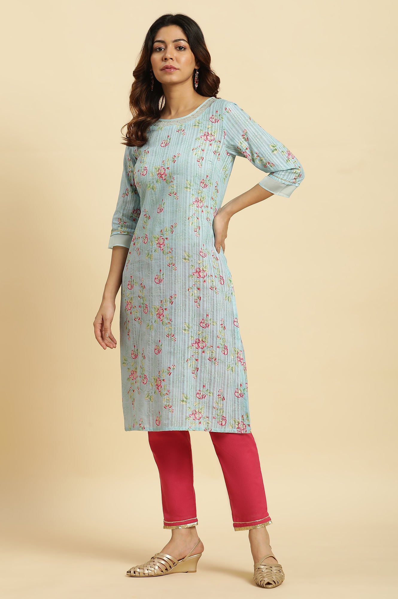 Blue Floral Printed Light Festive Kurta - wforwoman