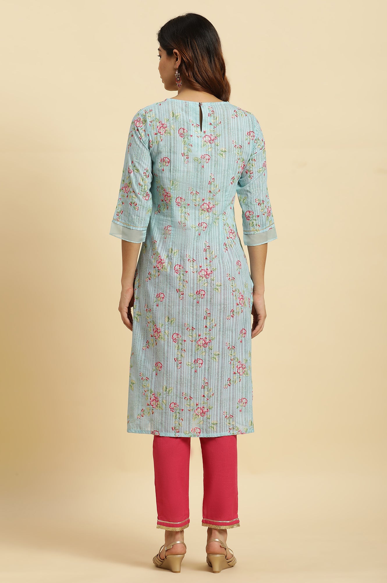 Blue Floral Printed Light Festive Kurta - wforwoman