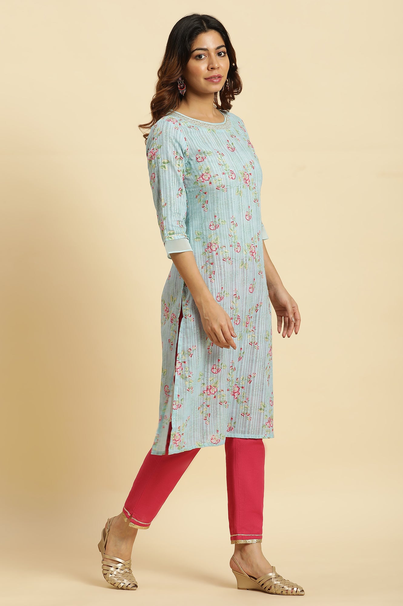 Blue Floral Printed Light Festive Kurta - wforwoman