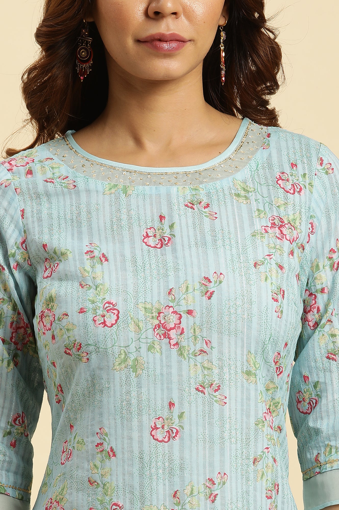 Blue Floral Printed Light Festive Kurta - wforwoman