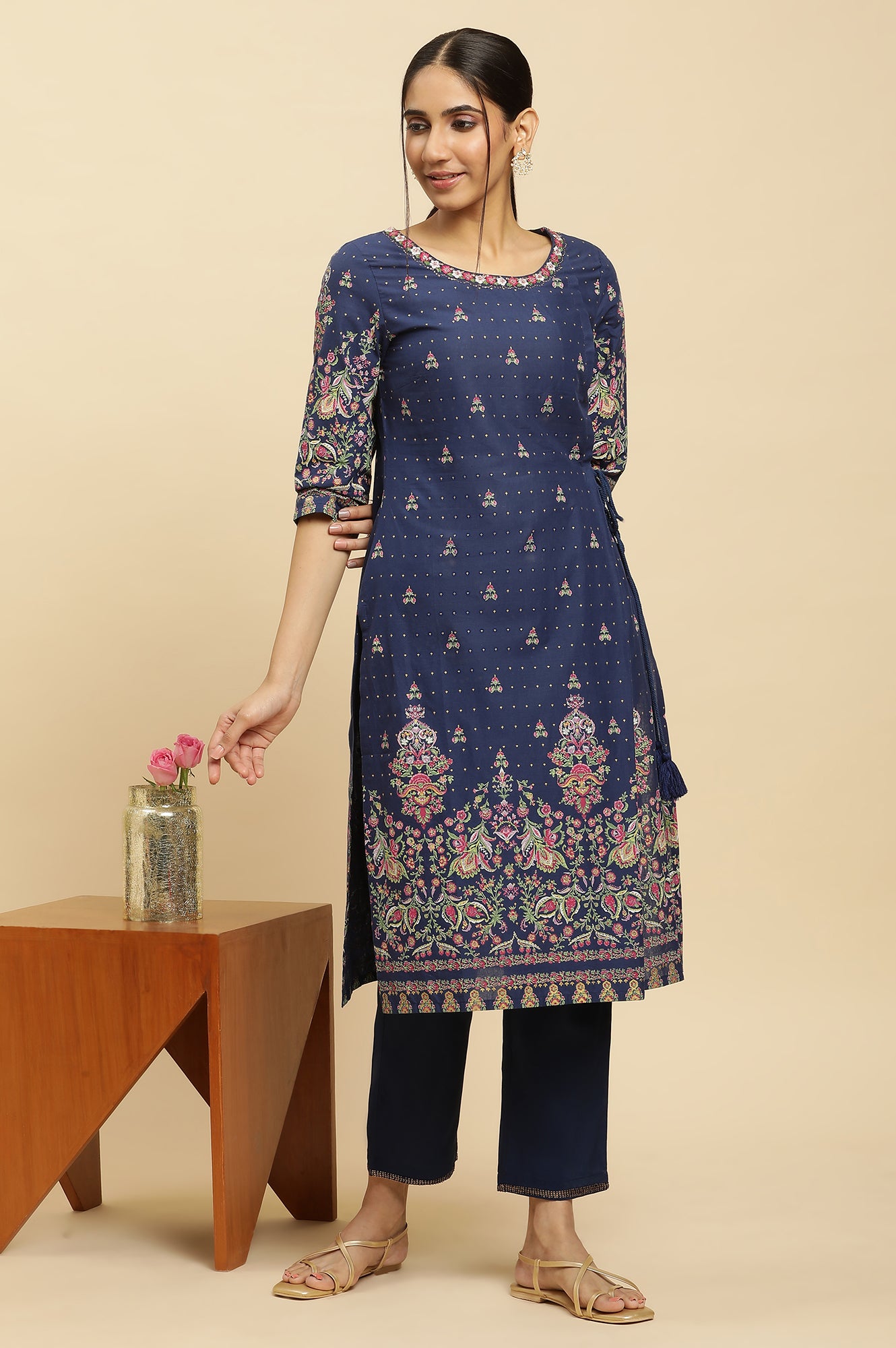 Blue Printed Festive Kurta wirh Side Tie-up Design - wforwoman