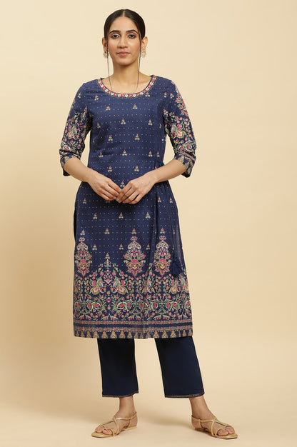 Blue Printed Festive Kurta wirh Side Tie-up Design - wforwoman