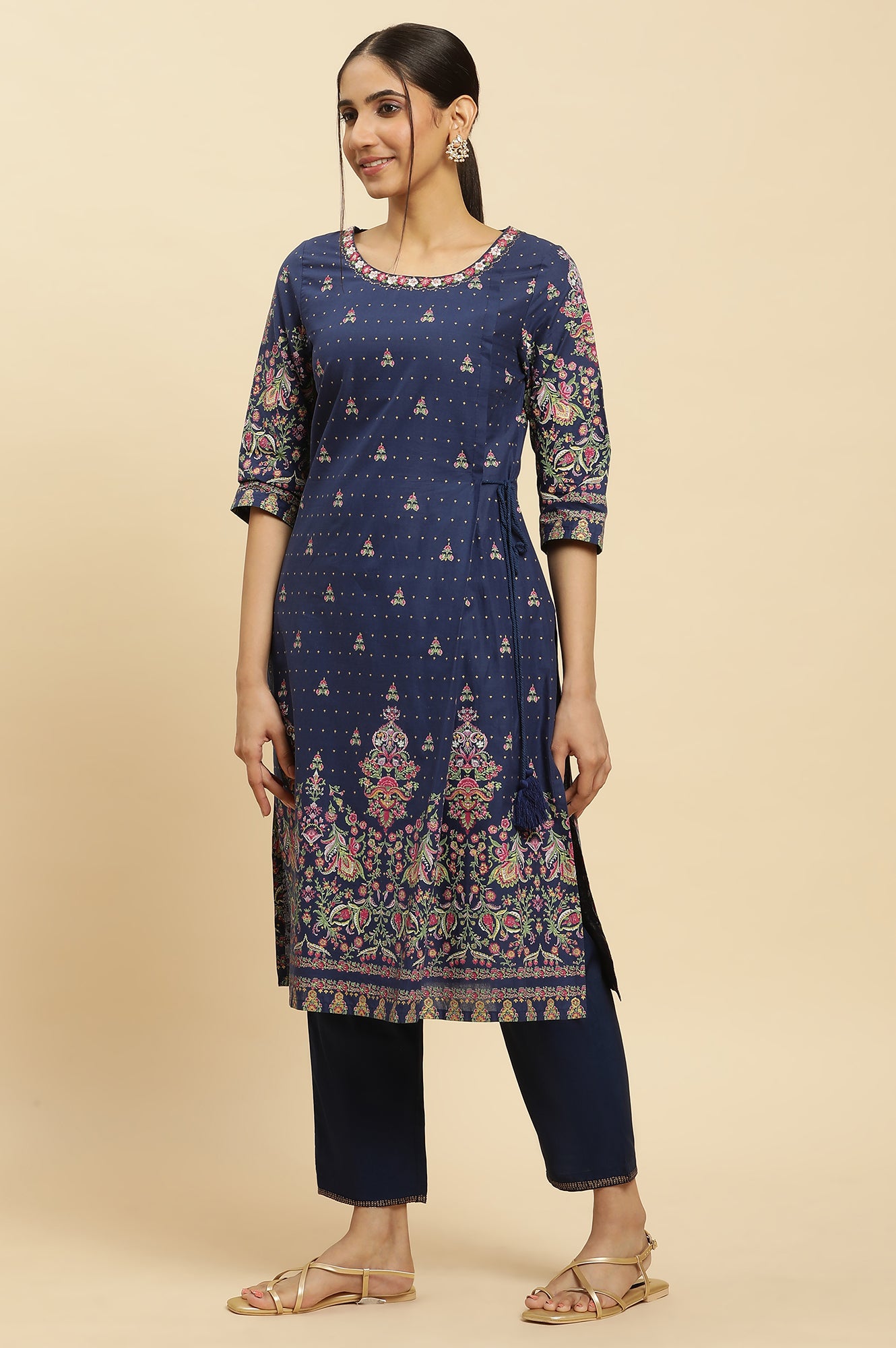 Blue Printed Festive Kurta wirh Side Tie-up Design - wforwoman