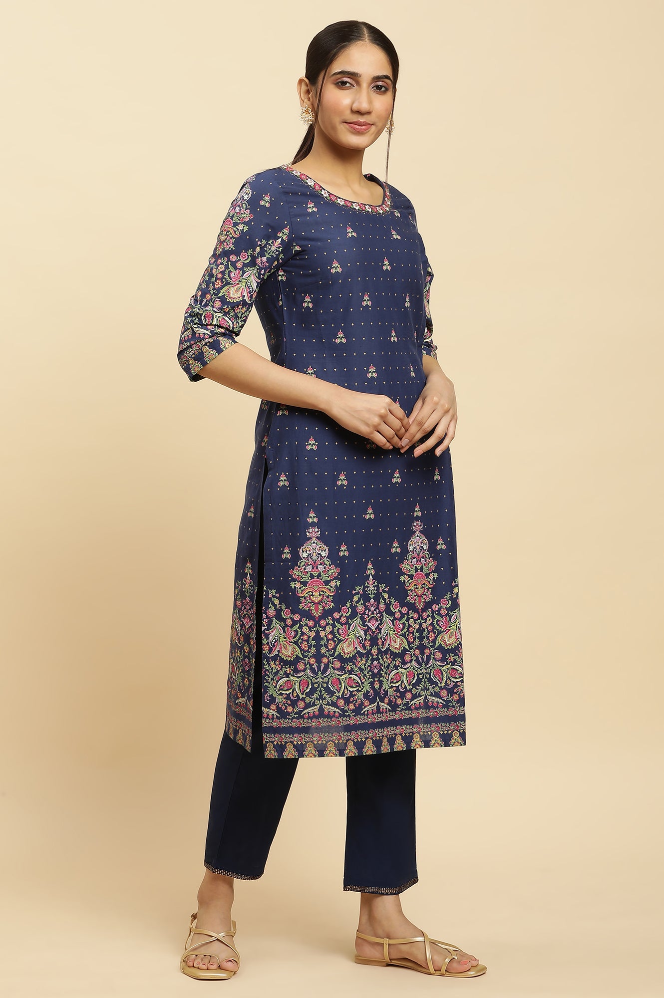 Blue Printed Festive Kurta wirh Side Tie-up Design - wforwoman