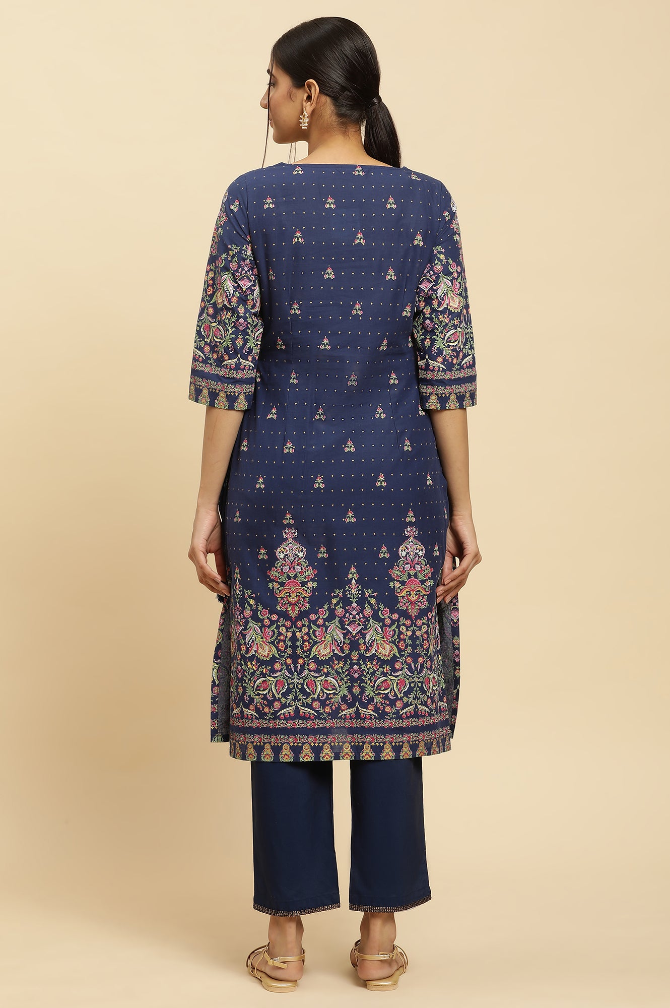 Blue Printed Festive Kurta wirh Side Tie-up Design - wforwoman