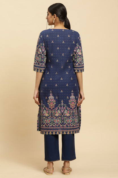 Blue Printed Festive Kurta wirh Side Tie-up Design - wforwoman