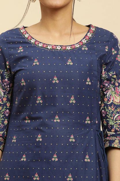 Blue Printed Festive Kurta wirh Side Tie-up Design - wforwoman