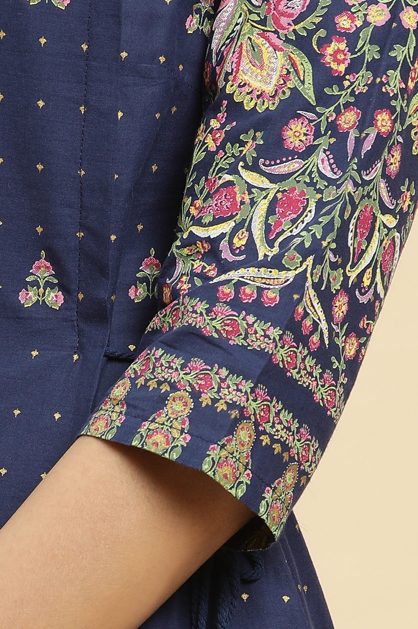 Blue Printed Festive Kurta wirh Side Tie-up Design - wforwoman