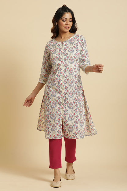 Ecru Cotton Kurta With Multi-Coloured Floral Print