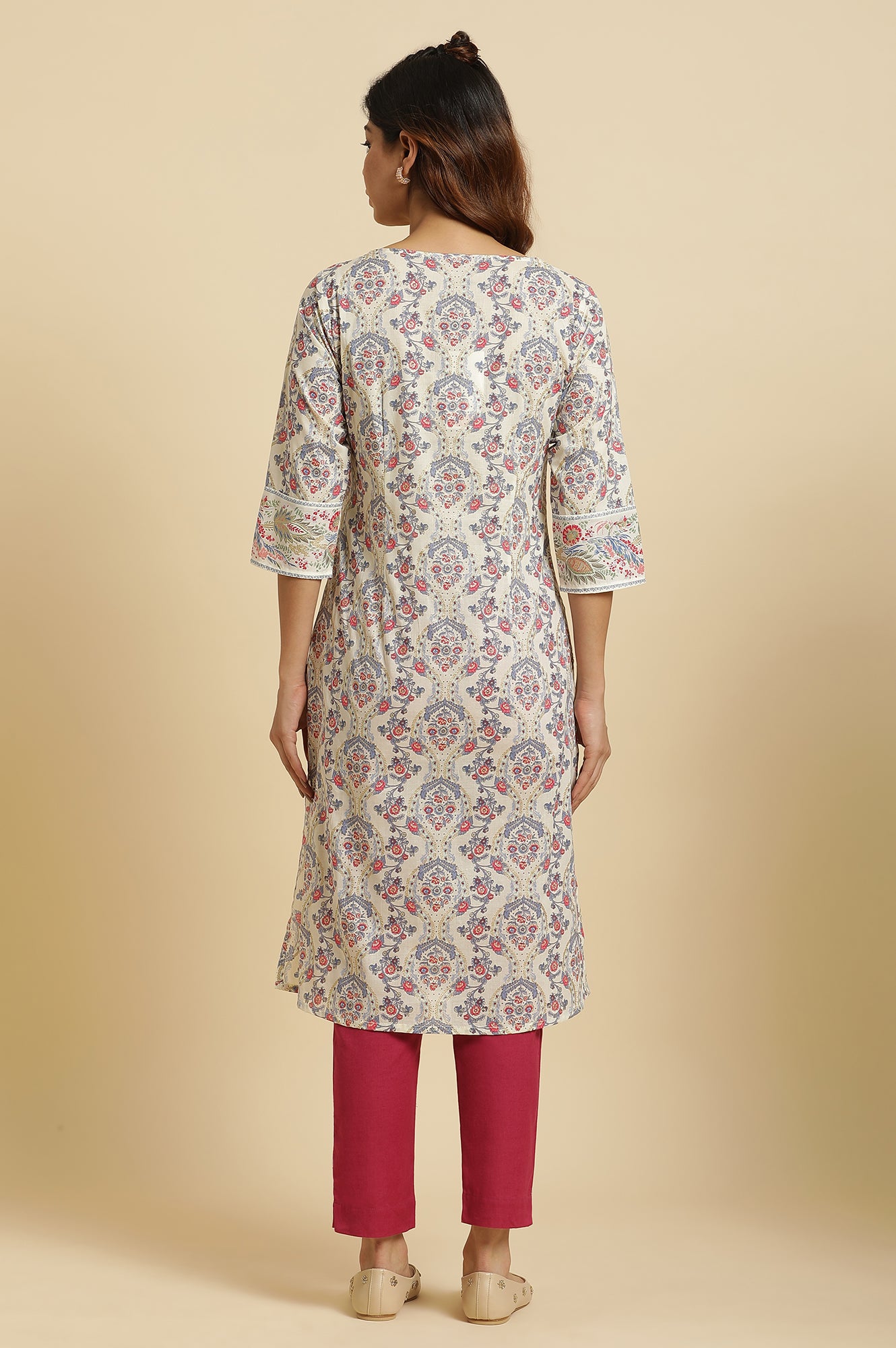 Ecru Cotton Kurta With Multi-Coloured Floral Print