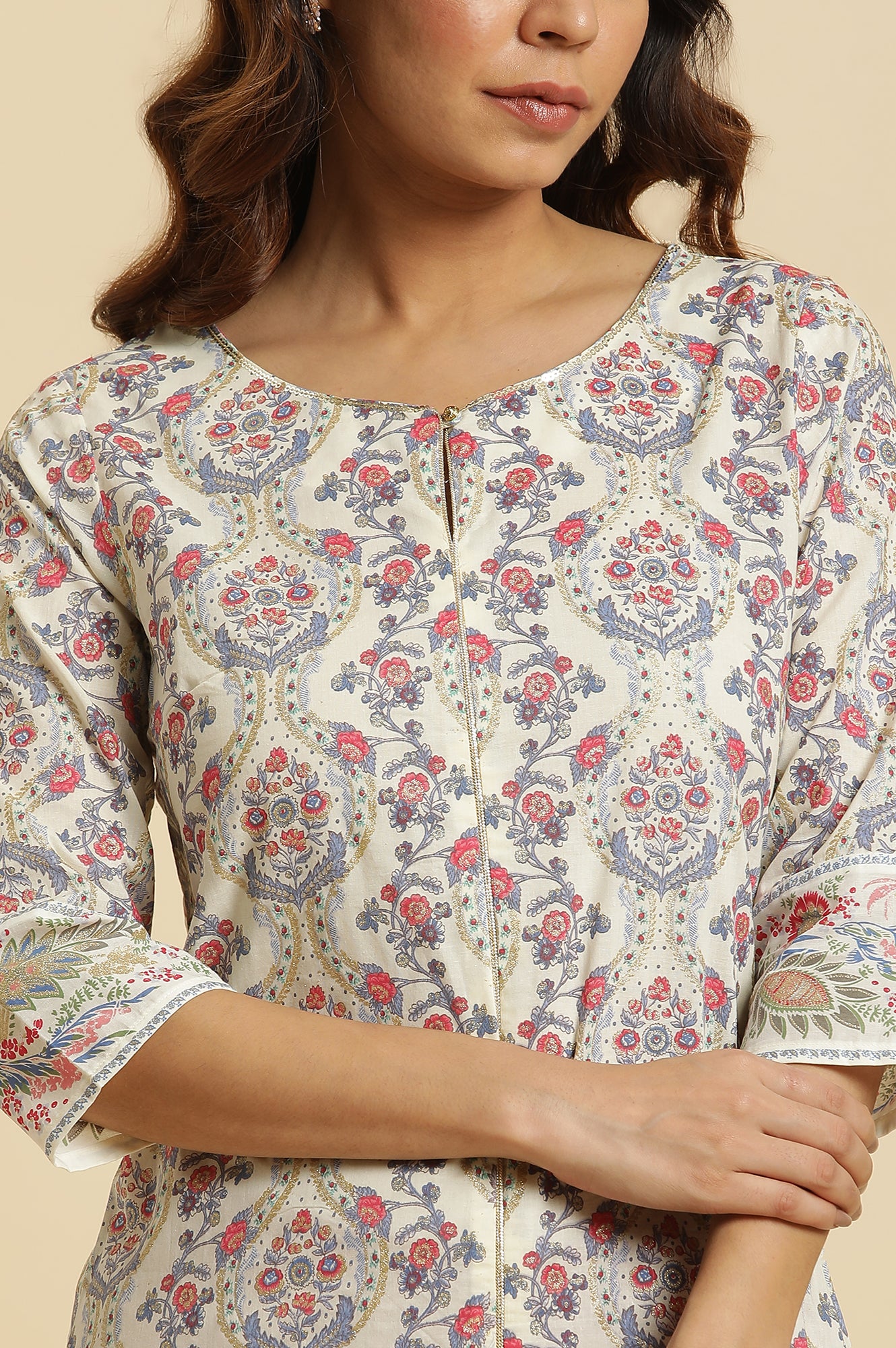 Ecru Cotton Kurta With Multi-Coloured Floral Print