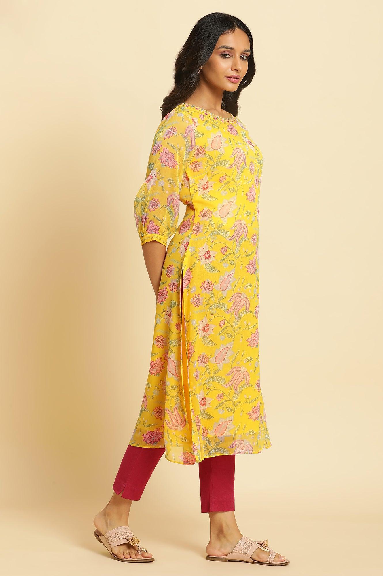Marigold Yellow Floral Printed Kurta - wforwoman