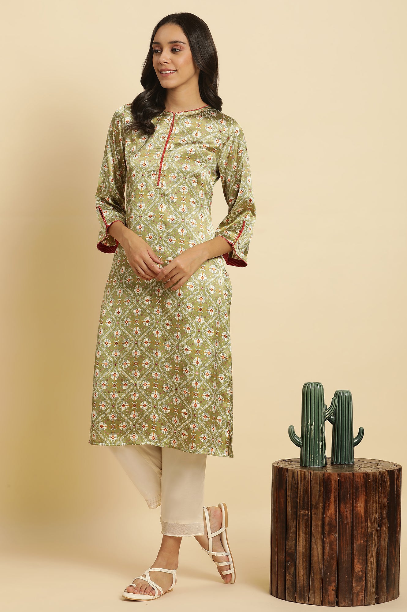 Pistachio Green Japanese Satin Festive Kurta - wforwoman