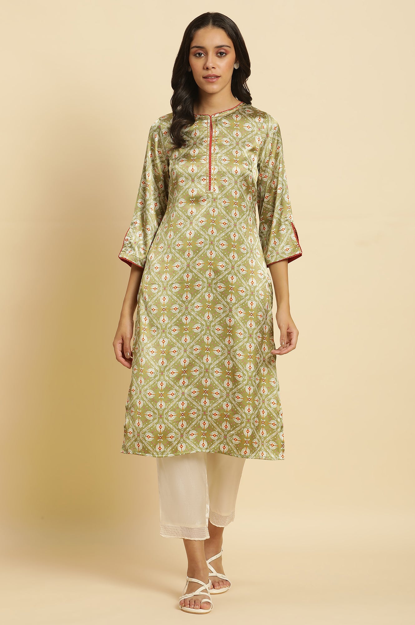 Pistachio Green Japanese Satin Festive Kurta - wforwoman