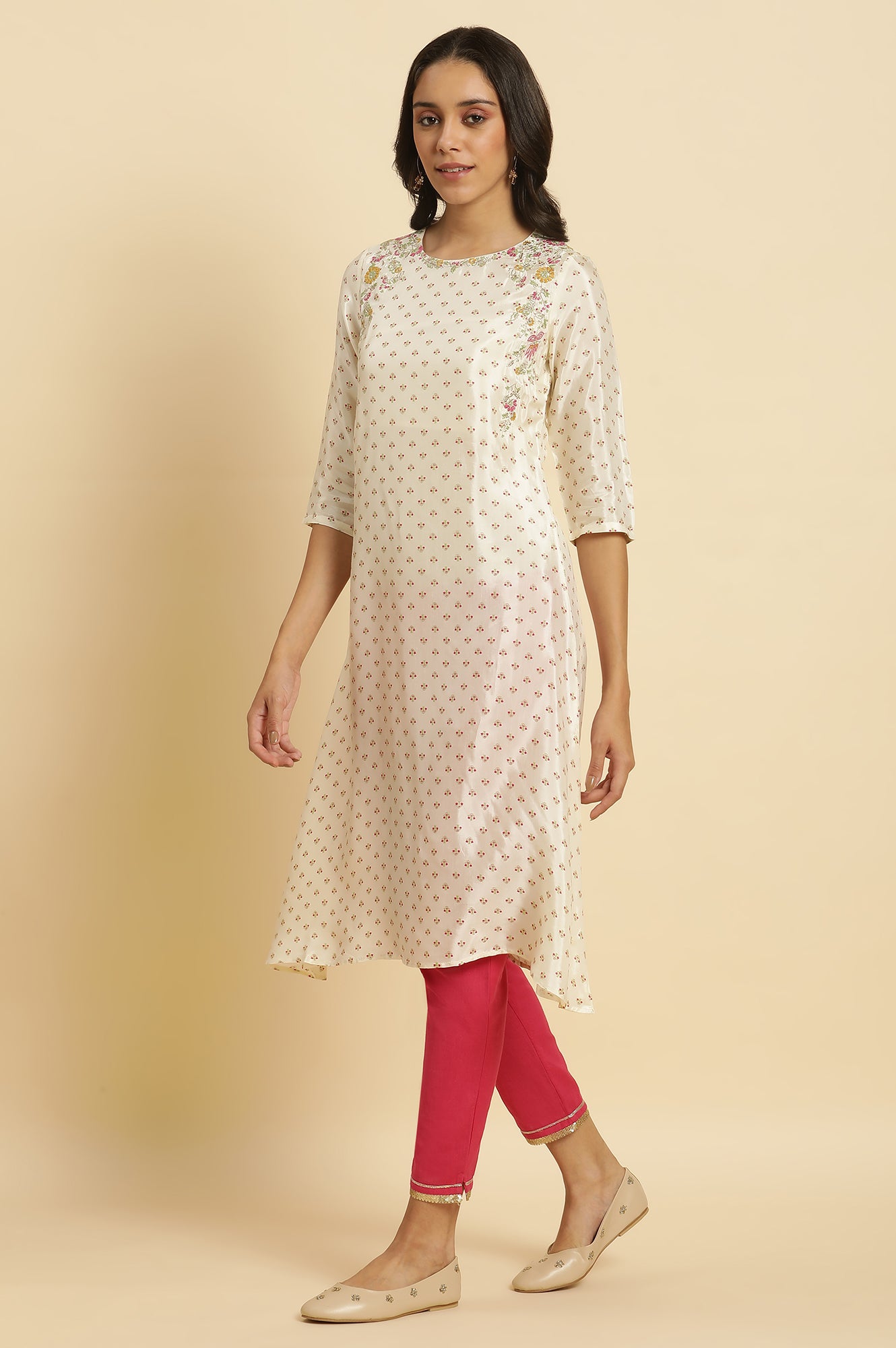 Ecru A-line Embroidered Festive Kurta - wforwoman