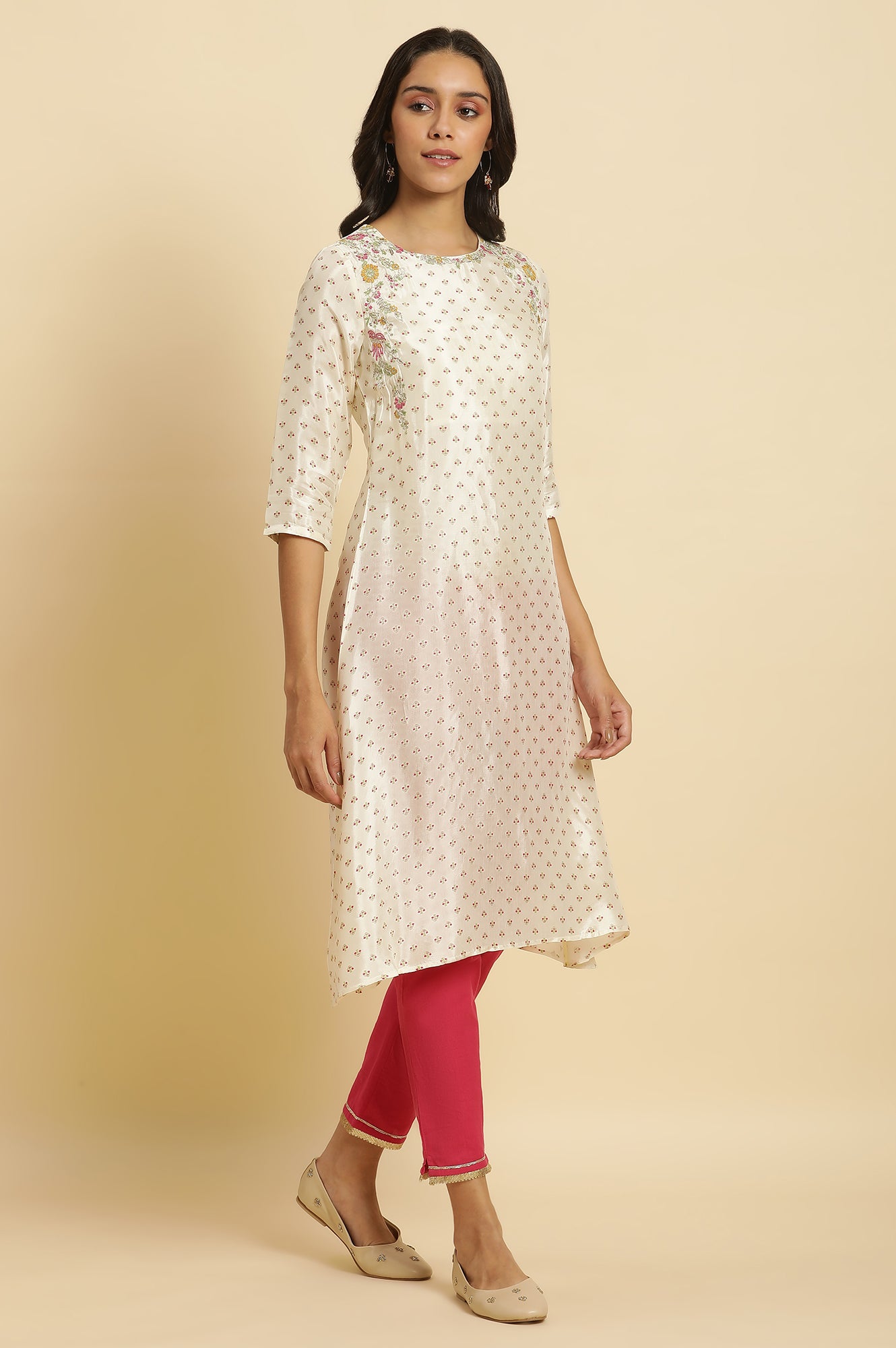 Ecru A-line Embroidered Festive Kurta - wforwoman