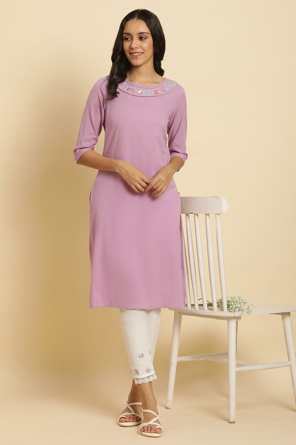 Light Purple Textured Cotton Embroidered Kurta