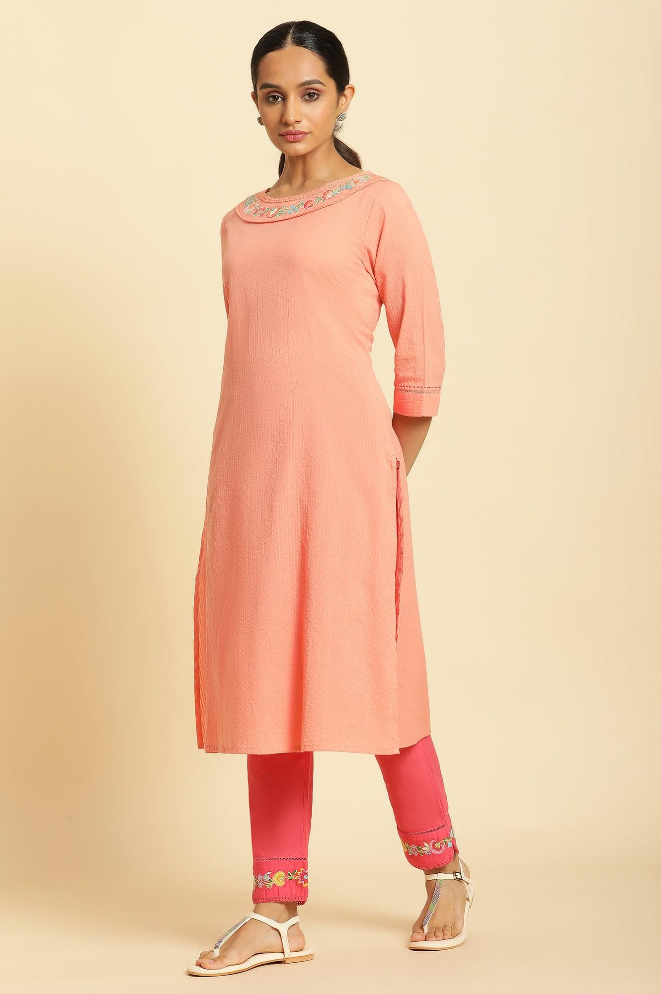 Coral Seer Sucker Kurta With Multi-Coloured Floral Embroidery - wforwoman