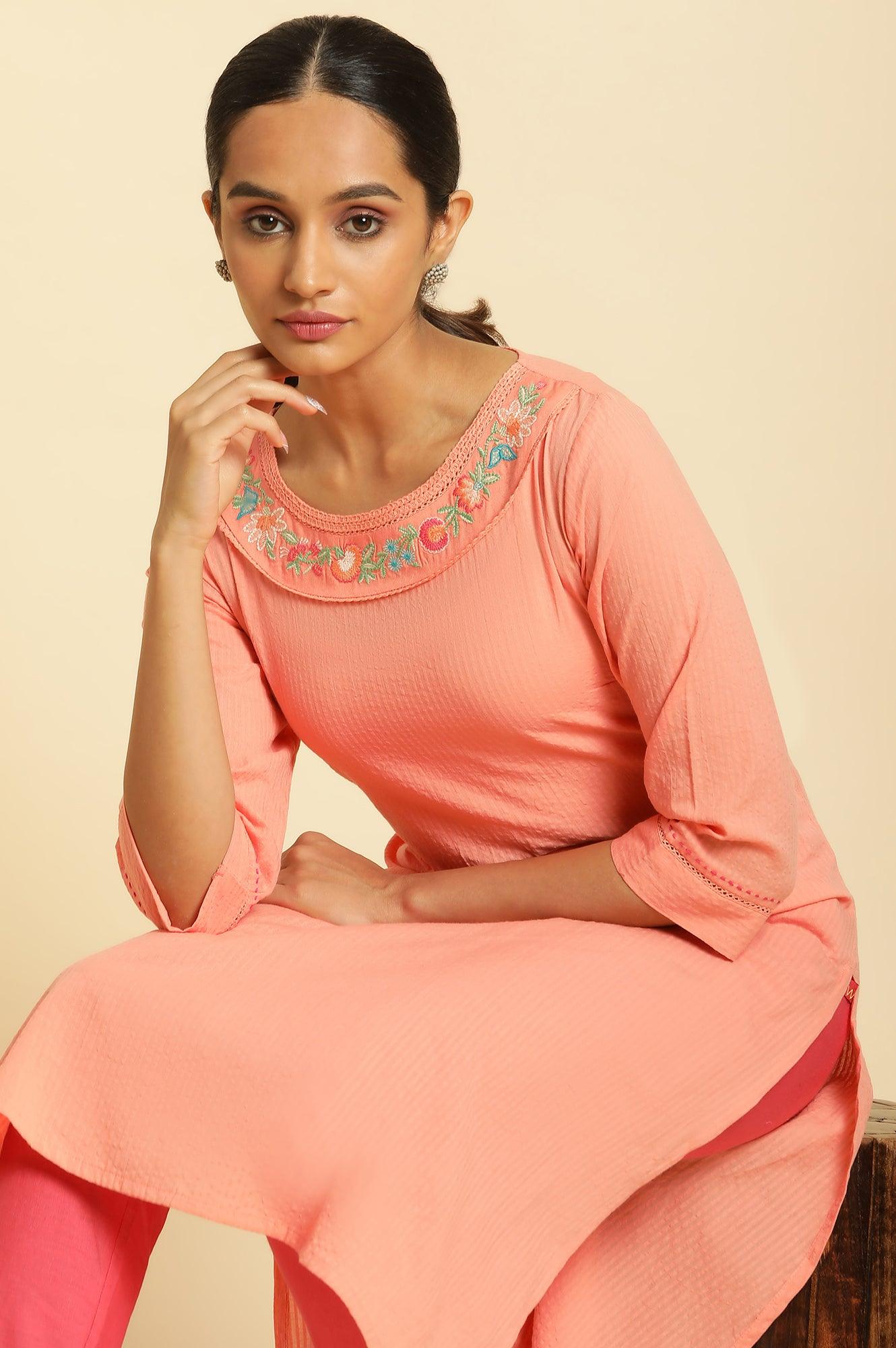 Coral Seer Sucker Kurta With Multi-Coloured Floral Embroidery - wforwoman