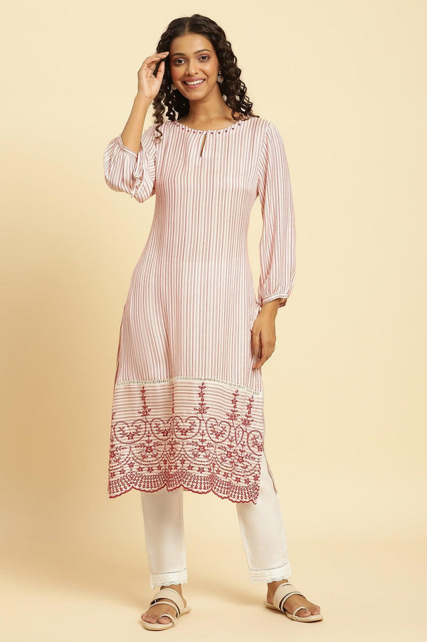 Red and White Striped Schiffli Embroidered Straight Kurta