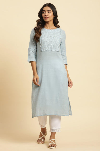 Blue Cotton Texture Schiffli Kurta - wforwoman