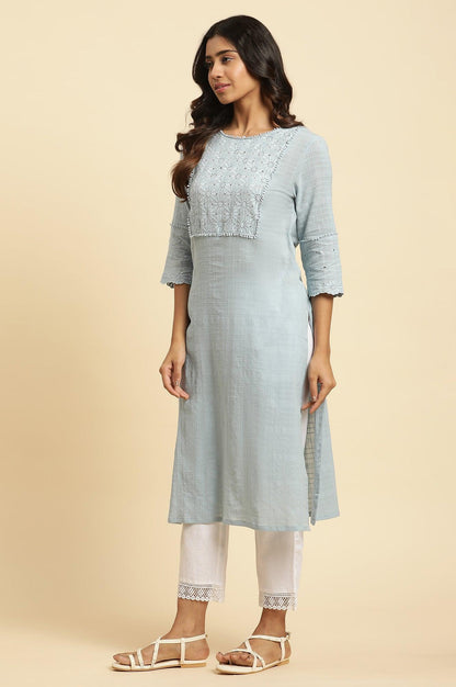 Blue Cotton Texture Schiffli Kurta - wforwoman