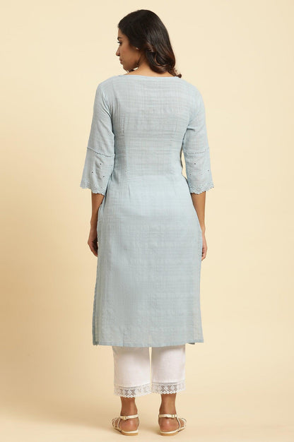 Blue Cotton Texture Schiffli Kurta - wforwoman