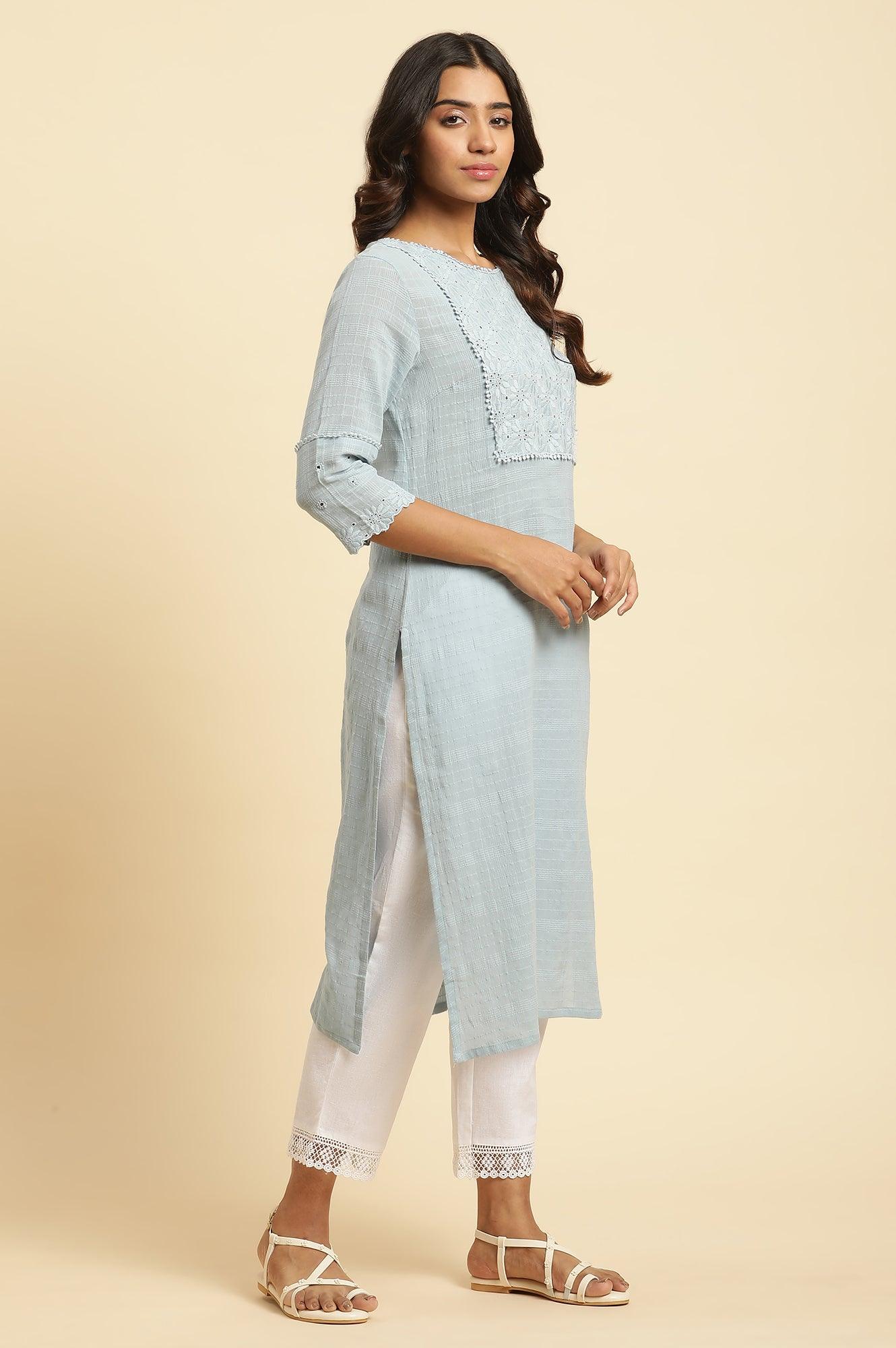 Blue Cotton Texture Schiffli Kurta - wforwoman