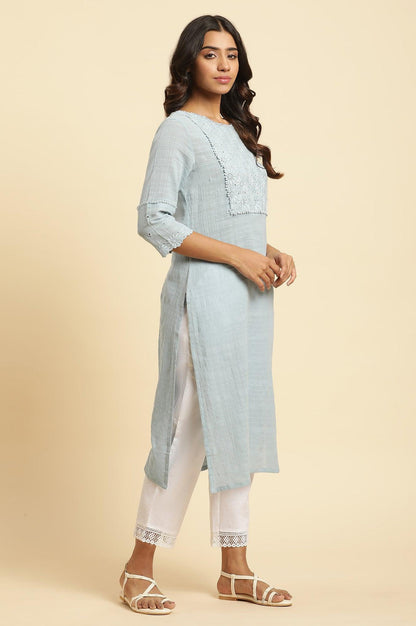 Blue Cotton Texture Schiffli Kurta - wforwoman