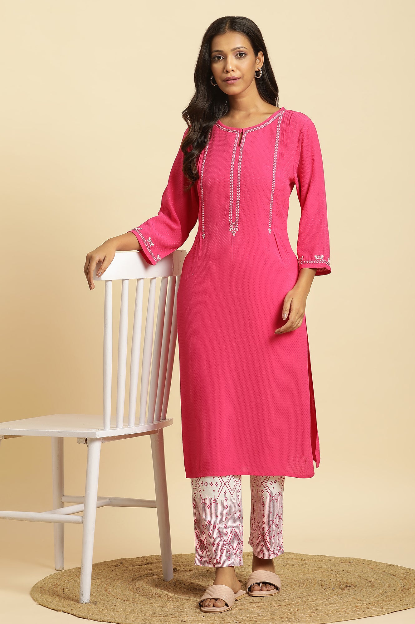 Pink Embroidered Textured Dobby Kurta - wforwoman