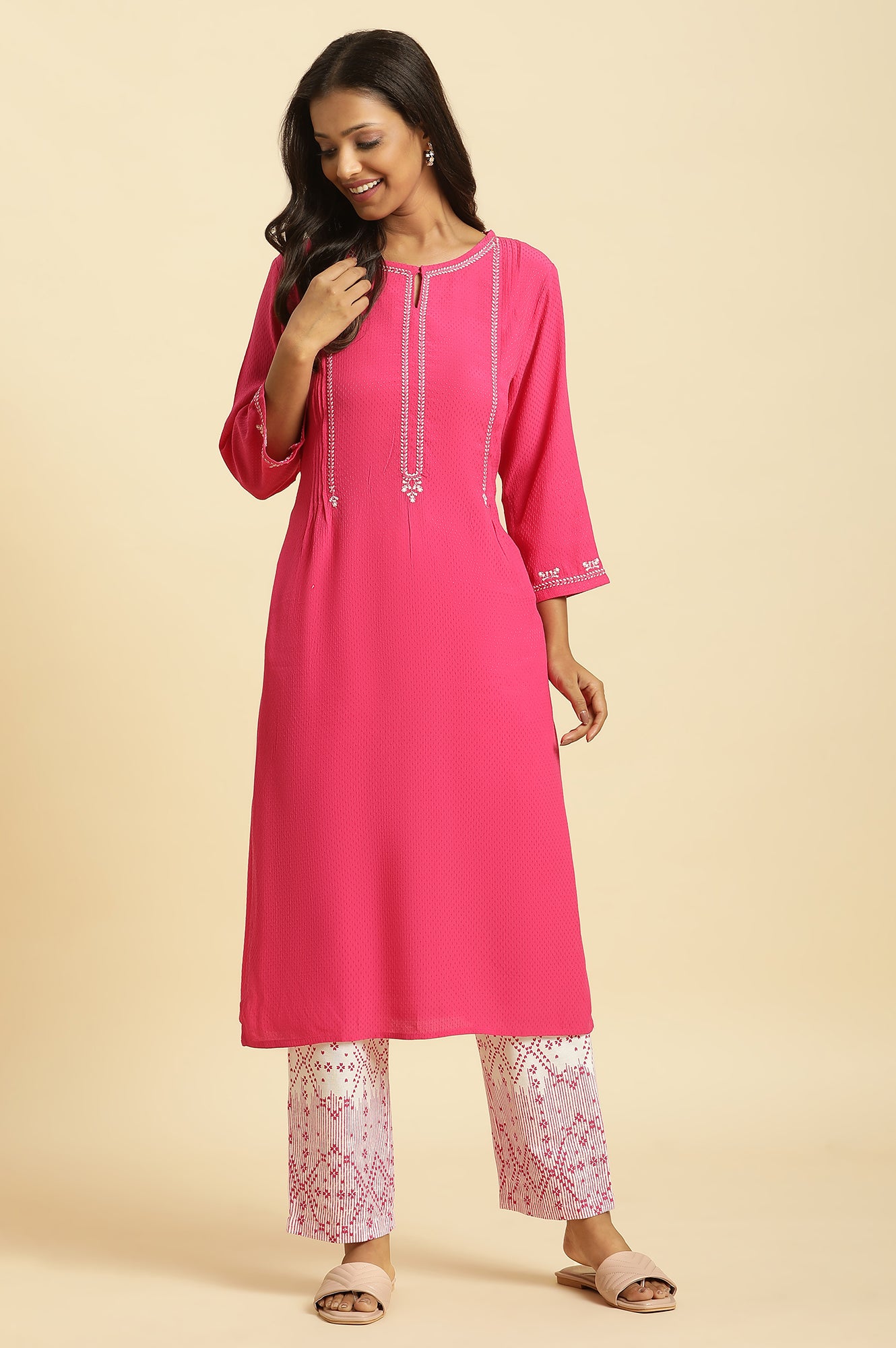 Pink Embroidered Textured Dobby Kurta - wforwoman