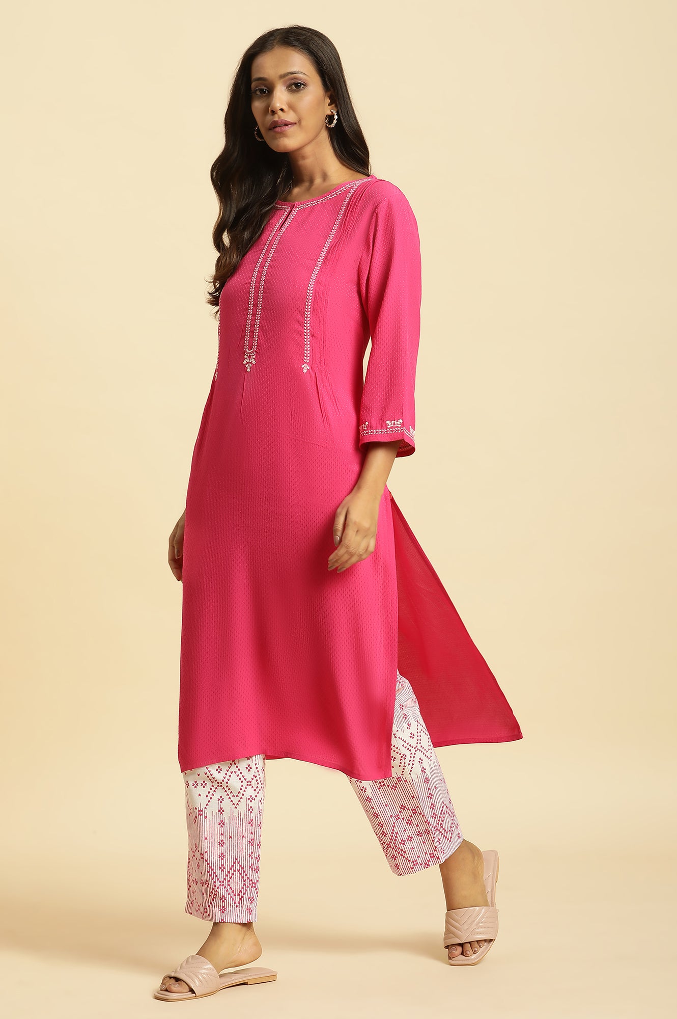 Pink Embroidered Textured Dobby Kurta - wforwoman