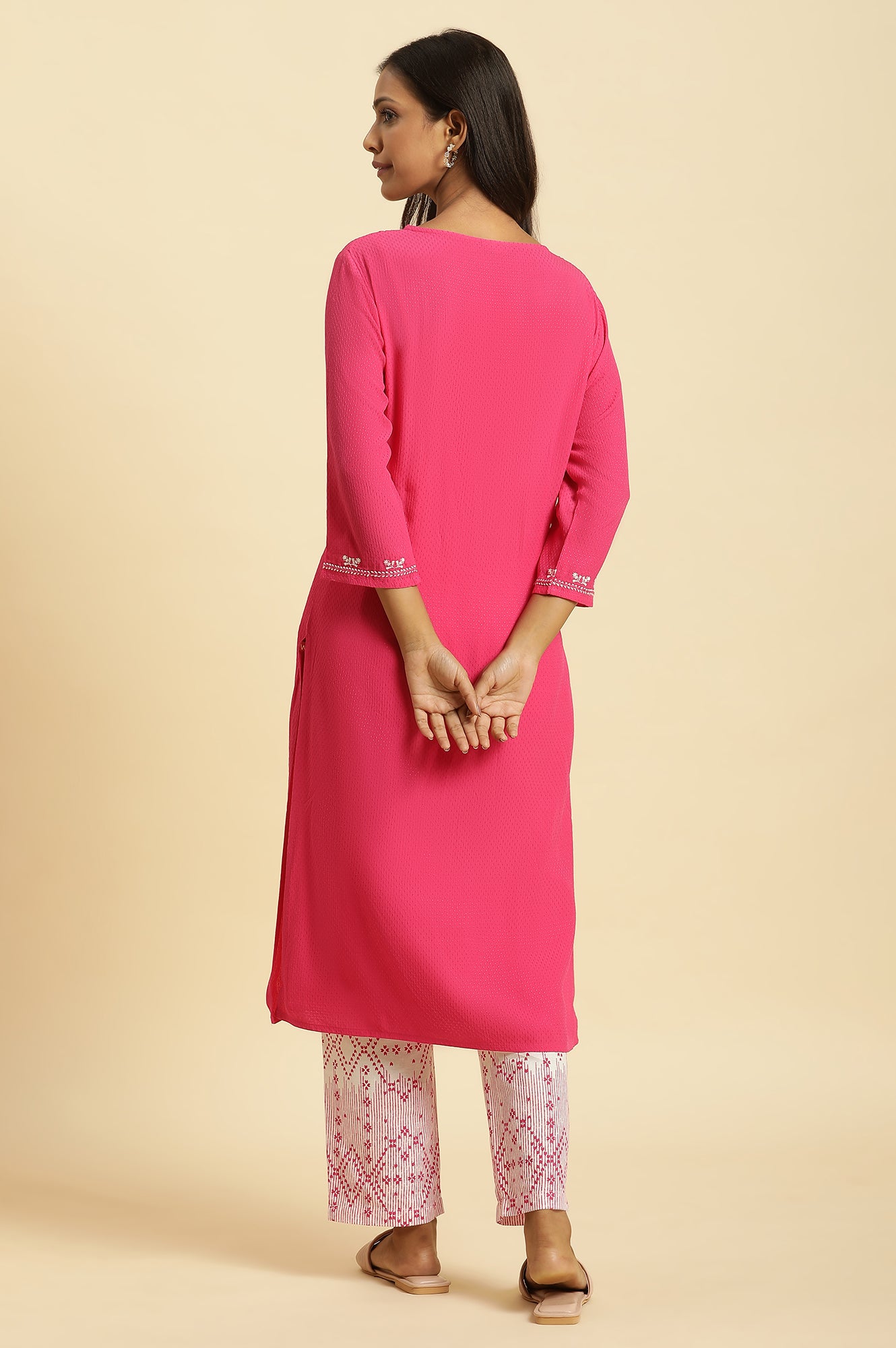 Pink Embroidered Textured Dobby Kurta - wforwoman