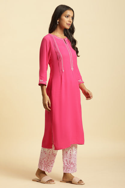 Pink Embroidered Textured Dobby Kurta - wforwoman