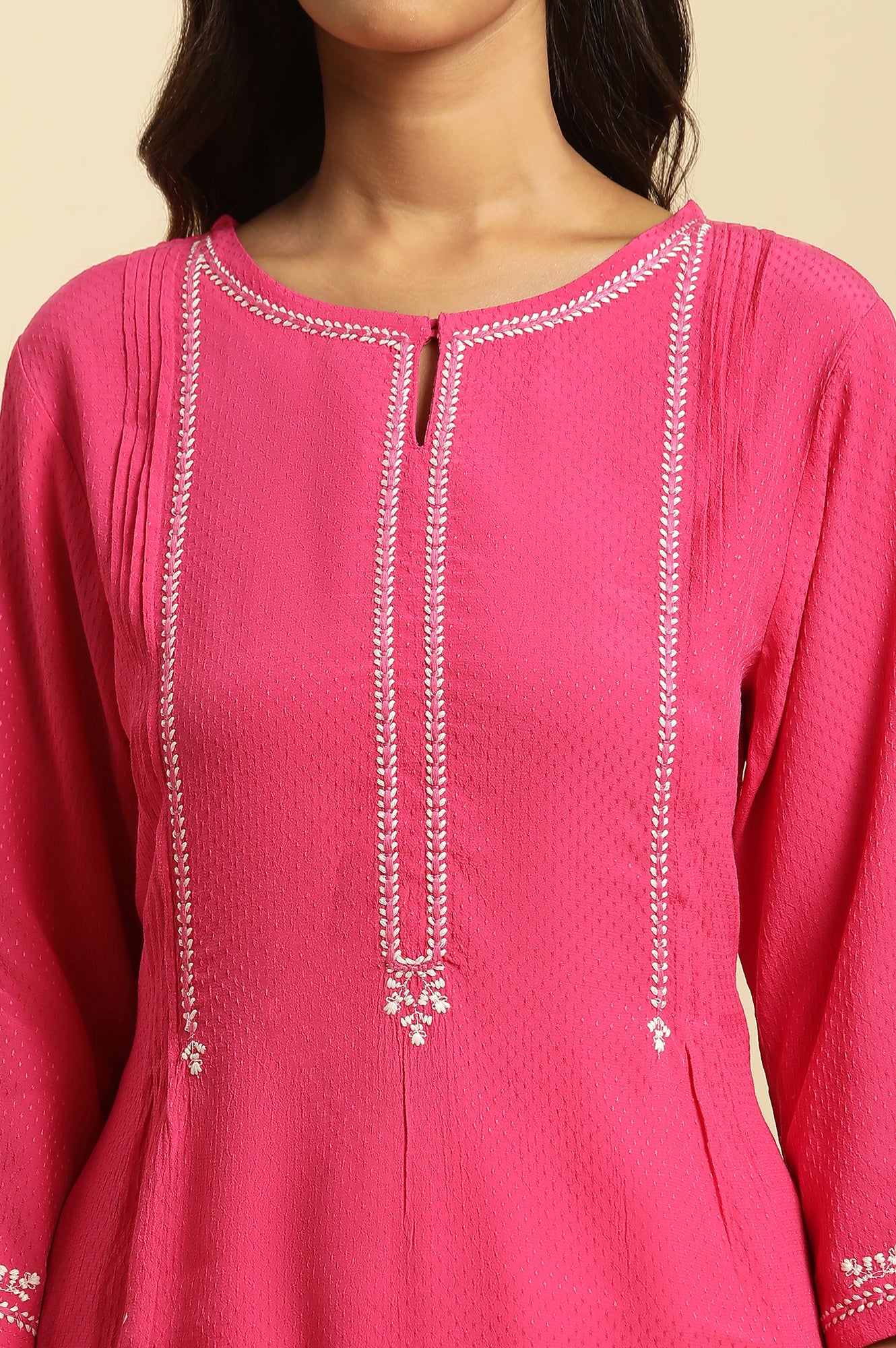 Pink Embroidered Textured Dobby Kurta - wforwoman