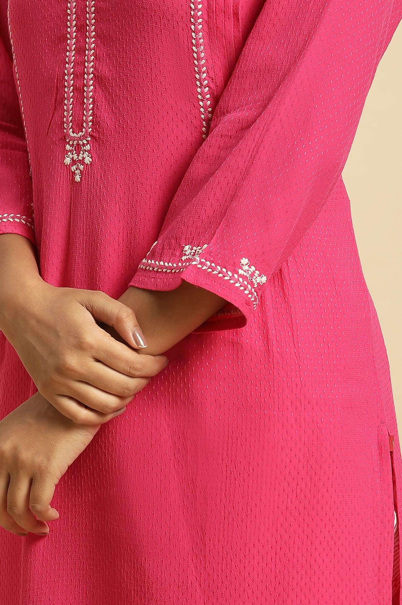 Pink Embroidered Textured Dobby Kurta - wforwoman