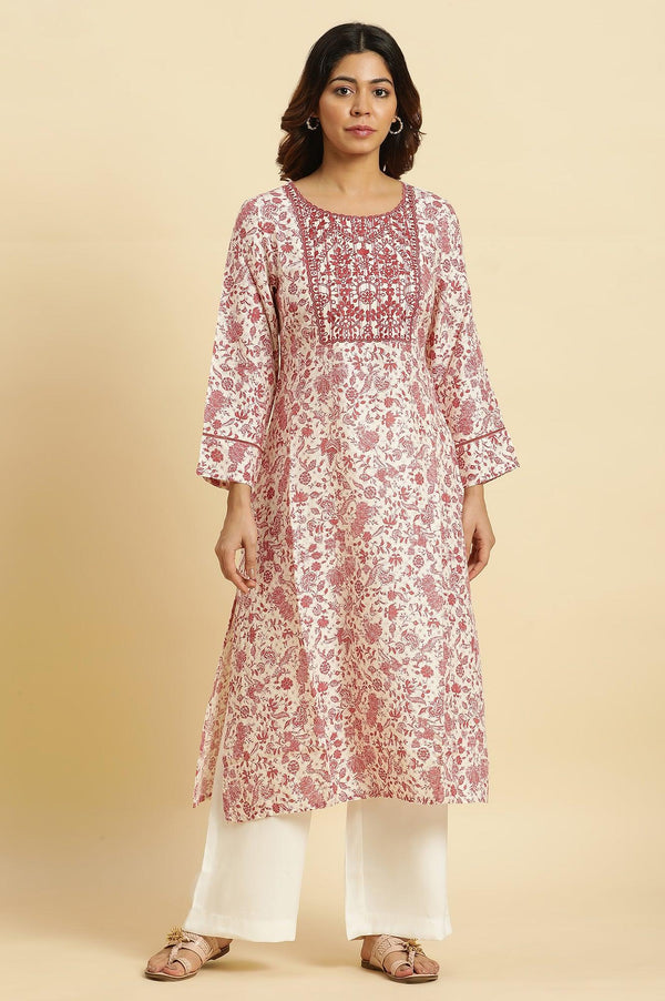 Beige And Red Floral Printed Summer Kurta