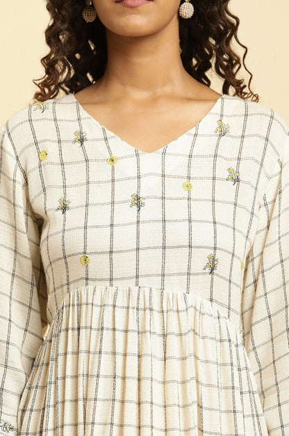 Ecru Checker Thread Embroidered Dress - wforwoman