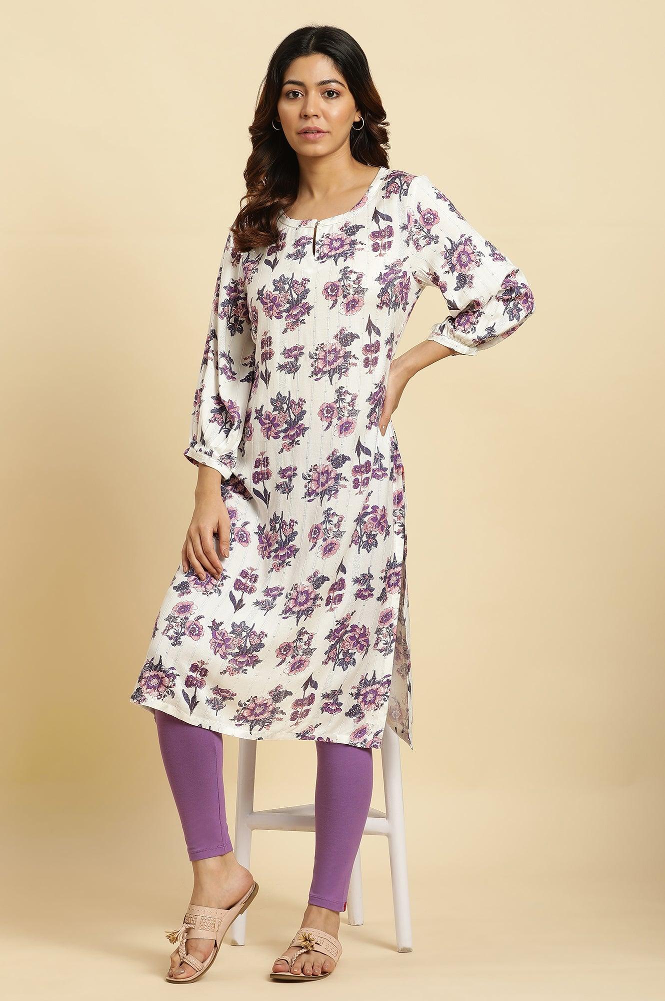 Ecru Relaxed Fit Straight Kurta With Purple Floral Print - wforwoman