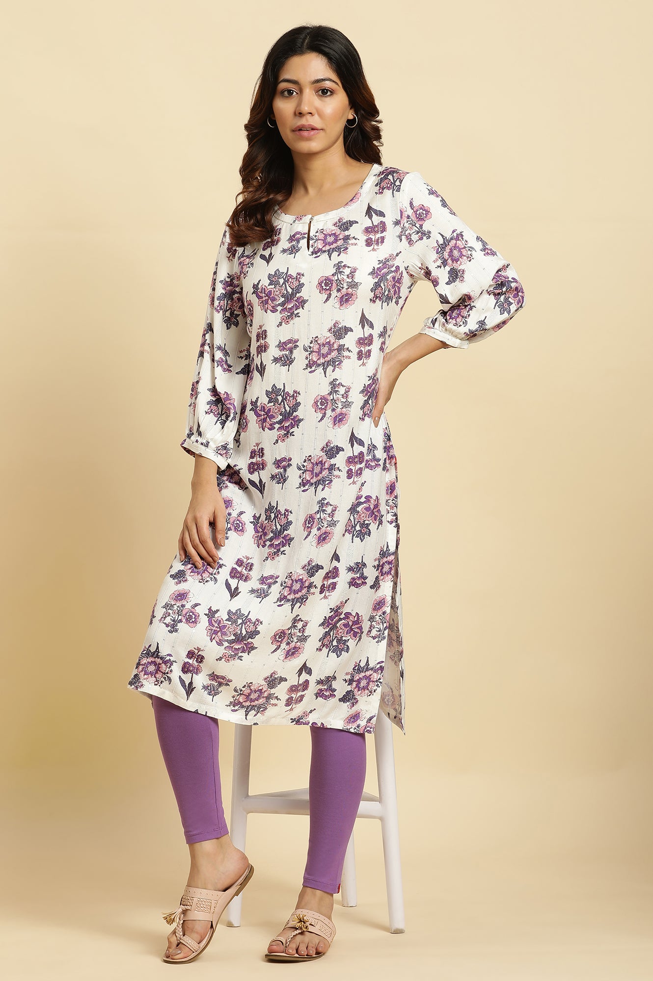 Ecru Relaxed Fit Straight Kurta with Purple Floral Print - wforwoman