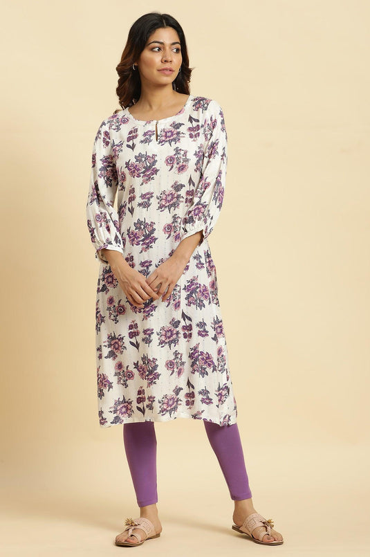 Purple Floral Print Straight Lace Detailing kurta With Off White Palazzos with Lace Detailing