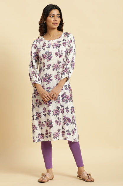 Ecru Relaxed Fit Straight Kurta with Purple Floral Print - wforwoman